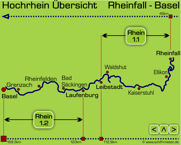 Schiffsauskunft Landkarte Rheinlauf Regio Basiliensis  Hochrhein von Rheinfelden ber Basel und Weil am Rhein bis Kembs